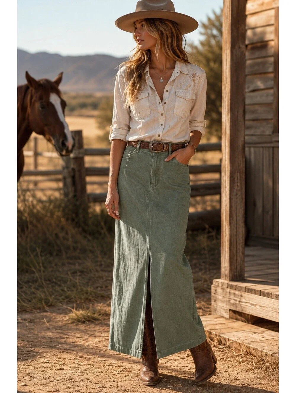 Cherry Mellow Women's Green Denim 100% Cotton Long Skirt Size M